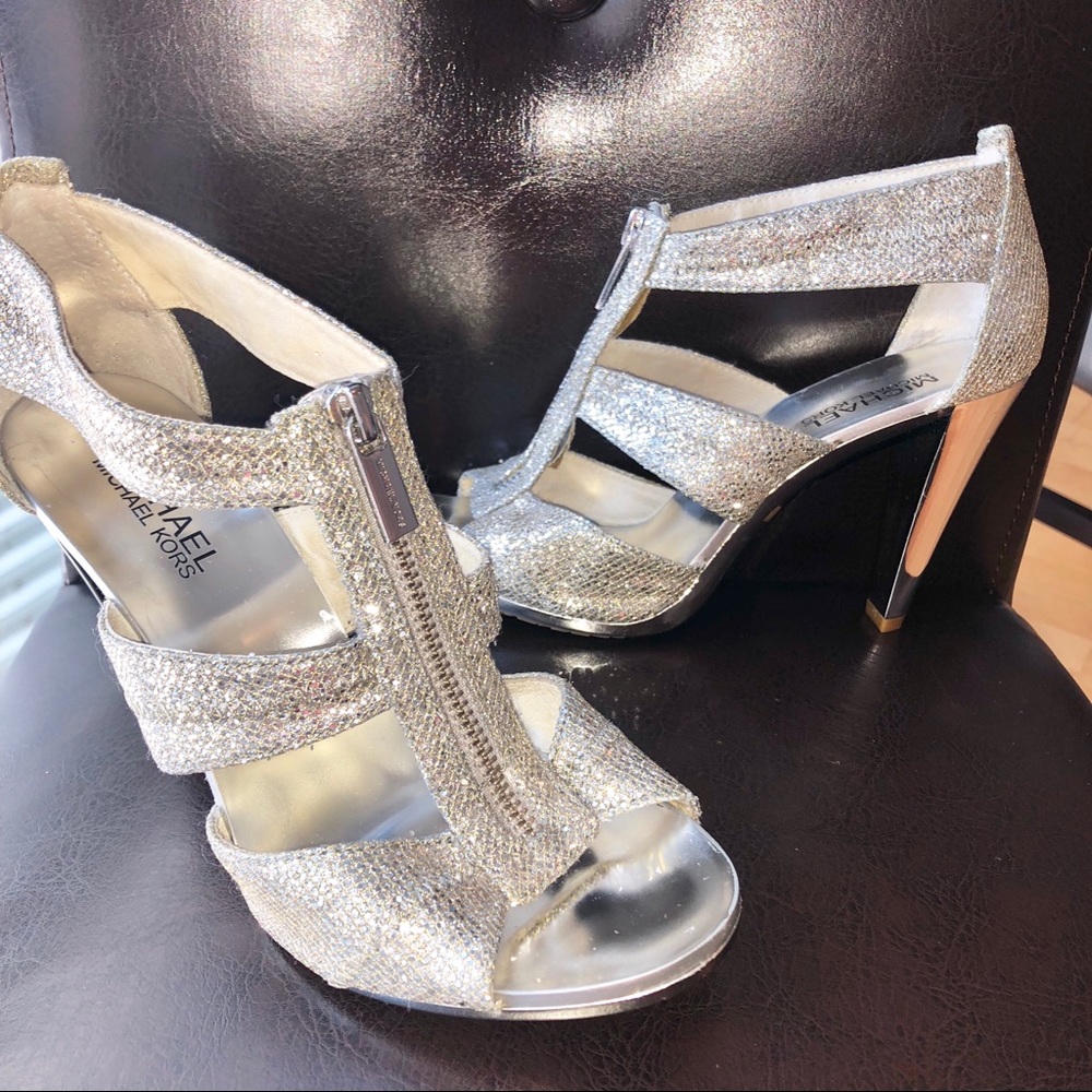 Michael Kors Silver Sparkle Zip Up Heels Size 7